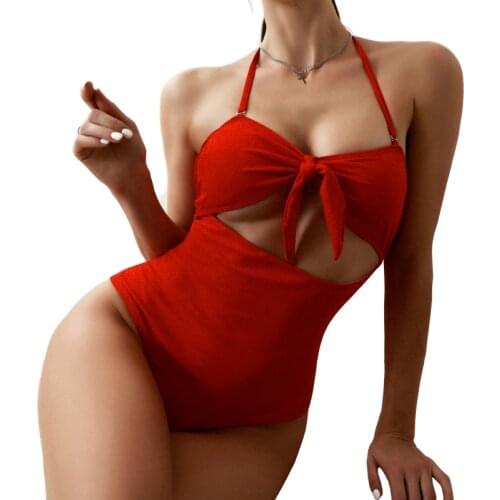 2021 Swimsuit Solid Red Flower Female Sexy Plus Size One Piece Swimsuit Bow Swimsuit Women Fashionable Beach Bathing Suits
