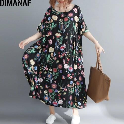 DIMANAF Plus Size Women Dress Summer Female Vestidos Elegant Lady Beach Dress Sundress Print Floral Linen Loose Big Size 5XL 6XL