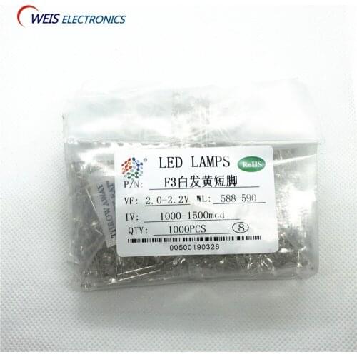 1000PCS F3 3MM yellow DIP LED , water clear , short pins, round 588-590nm 2.0-2.2v 1000-1500mcd light beads lamps