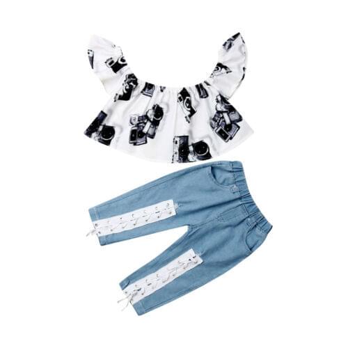3-8Years 2PCS Fashion Kids Baby Girls Off Shoulder Tops+Denim Jeans Pants Outfits Clothes