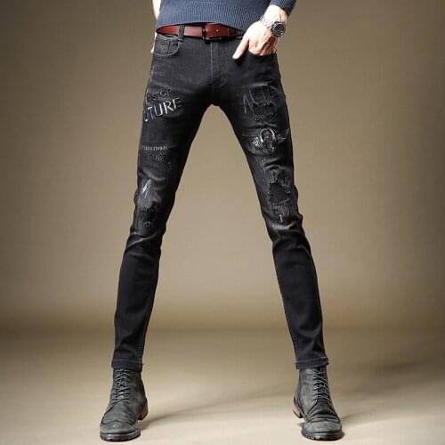 Free Shipping New 2019 mens male black Embroidered jeans slim deinm pants autumn embroidery trousers Korean thinness trousers