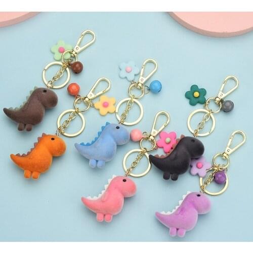 WANGLUFEI Cute Flocking Dinosaur Key Chain Flower Pendant Charms Keychain For Bag Car Phone Keyring Jewelry Accessories Gifts