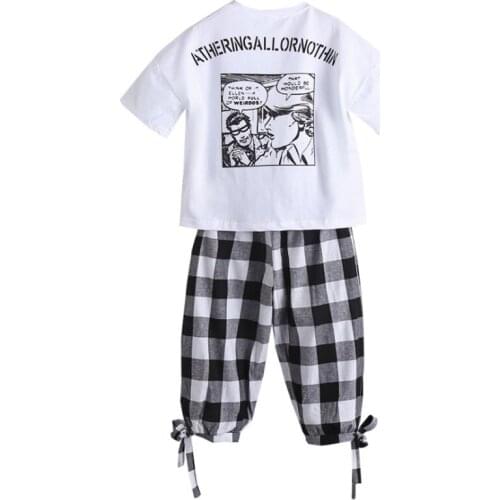 Kids girls short-sleeved suit cartoon letters printed T-shirt + plaid pant 2pcs suit fashion new big virgin suit