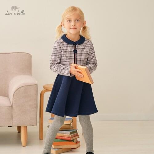 DKH18191 dave bella autumn girls fashion letter plaid print draped dress children sweet dress kids infant lolita clothes