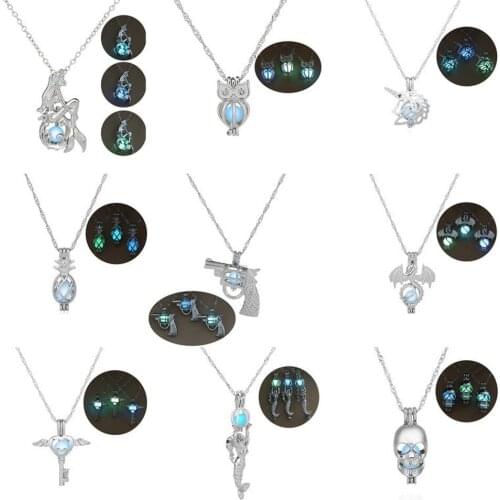 Hot Sale Halloween Gift Fluorescent Pendant Women Fashion Key Owl Gun Dragon Luminous Bead Cage Luminous Pendant Necklace