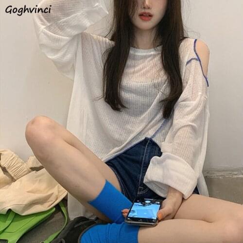 T-shirts Women Summer Sexy Off Shoulder Hollow Out Cute Harajuku Loose Soild Tops Stylish All-match Long Sleeve Chic Streetwear