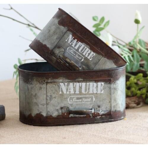 Stack 2 pieces oval handcrafted rustic retro zinc plant pots