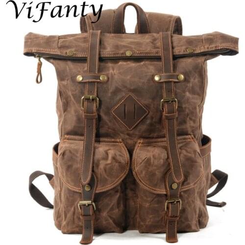 Oil Wax Canvas Backpack Men Vintage Travel Bag Backpack Waterproof Multi-Functional Drawstring Backpacks Women