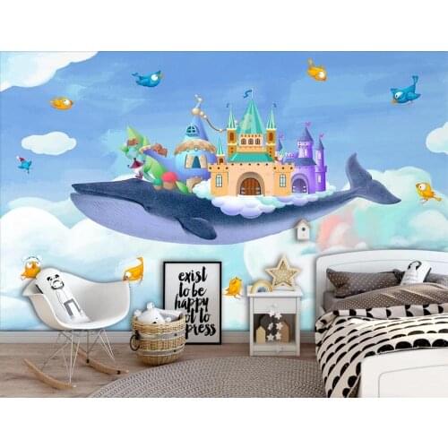 Customized large-scale 3D mural wallpaper hand-painted watercolor castle whale bird childrens room background wall