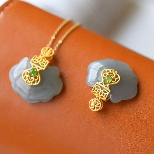 Classical Chinese Style Natural Smoky Gray Jade Ruyi Lock Pendant Hetian Jade Longevity Lock Sterling Silver Vintage Necklace to