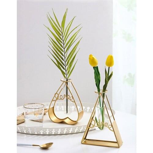 Nordic Creative Vase Golden Glass Vase Home Decor Hydroponic Plant Holder Iron Line Flowers Decoration Table Decorations
