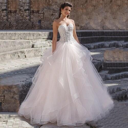 Sweetheart Sleeveless See Through Beads Appliques Lace Ball Gown Wedding Dresses 2020 Tulle Boho Bridal Gown Vestido De Noiva