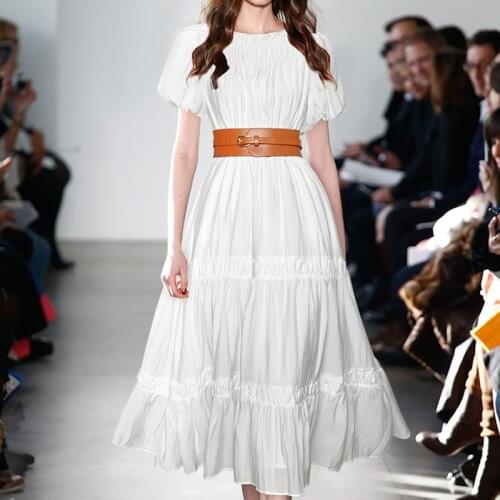 2021 New Women White Solid Dress Fashion O-Neck A-Line Dresses With Belt H8123