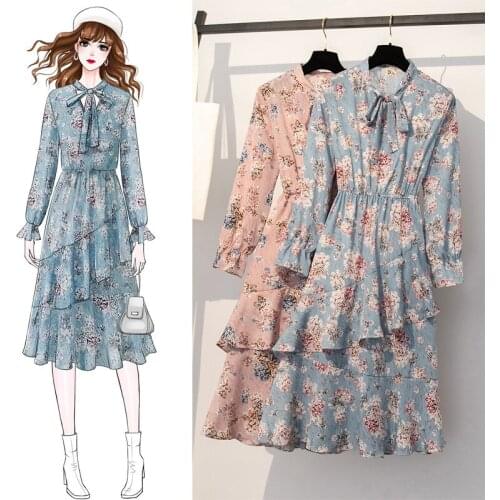 2020 New Spring Autumn Dress Plus Size Womens Clothing vintage Slim lotus leaf Long Sleeve floral Chiffon Dress b25