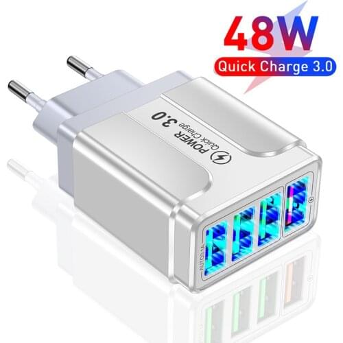 Cargador de teléfono móvil de 48W, adaptador de carga rápida 3,0, 4,0 LED, iluminación, 4 USB, para Samsung, iPhone 12, tabletas