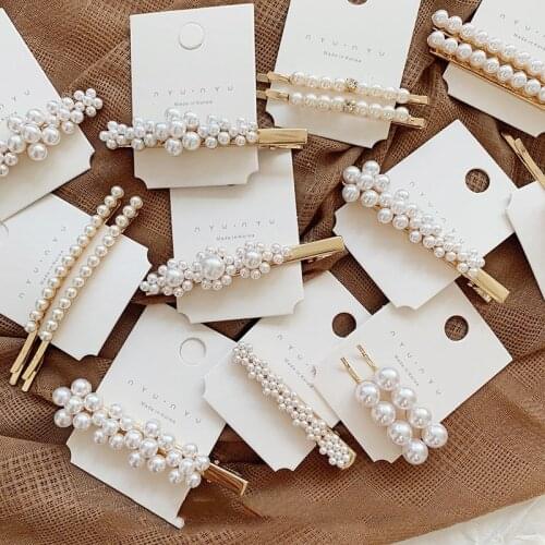 Fashion Women Beautiful pearl flower hairpin Retro word clip bangs clip Korean net red edge clip Barrette Girls hair accessories