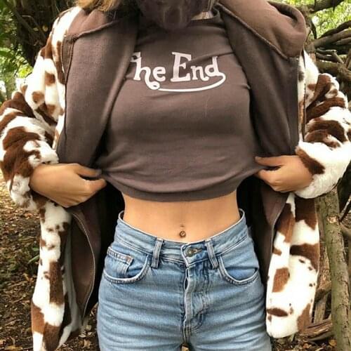 The End Letter Print Sexy Crop Tops Women Casual Short Sleeve Cotton Pullover Tees Summer Vintage Slim Streetwear Women T-shirt