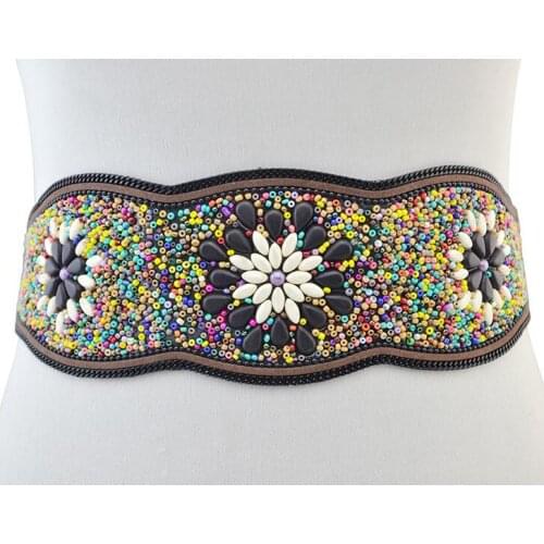 Womens runway fashion vintage elastic beaded Cummerbunds female Dress Corsets Waistband Belts decoration wide belt R3132