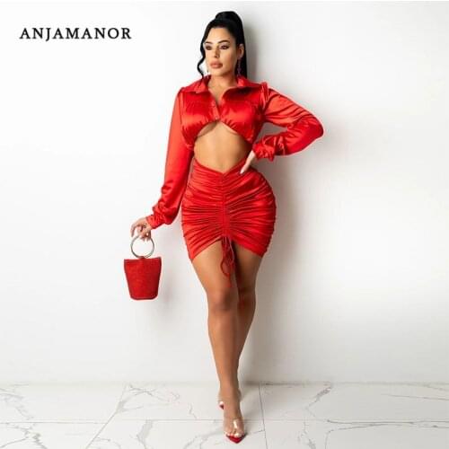 ANJAMANOR Sexy Satin Bodycon Dress Women Party Club Outfits Fall 2021 Hollow Out Drawstring Ruched Long Sleeve Dresses D73-DH25