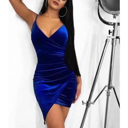Party Dress Women Sexy Velvet Bodycon Backless V-Neck Midi Sheath Irregularity Hemline Royal Blue Ladies Dresses Elegant