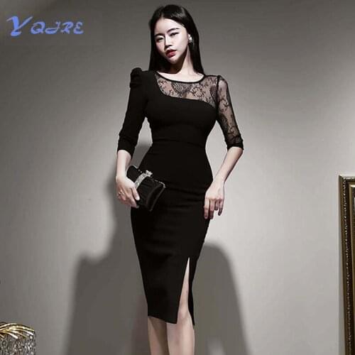 YQJRE New Autumn And Winter Womens Lace Slanted Shoulder Round Neck Tight Fit Sexy Slim Workwear Office OL Dress