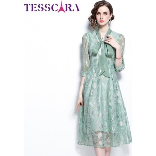 TESSCARA Women Autumn Elegant Lace Dress Festa High Quality Long Office Party Robe Femme Runway Vintage Designer Green Vestidos