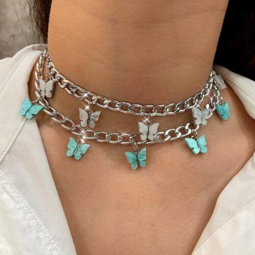 Flatfoosie Gold Silver Color 16 Butterfly Pendant Necklace for Women Cute Acrylic Insect Necklace Fashion Punk Jewelry Gift