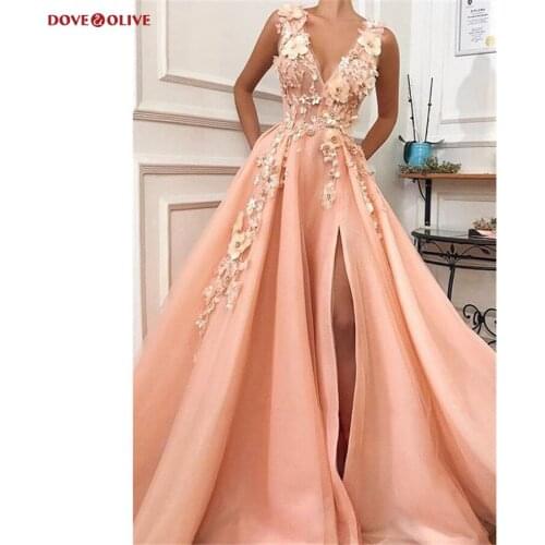 Pink Prom Dress 2020 Floral Lace Applique Graceful V-neck Split A-line Sexy Night Gown Formal Party Evening Homecoming Dress