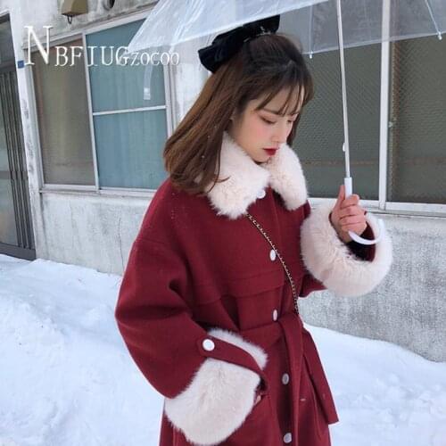 2020 New Fur Collar Burgundy Women Woolen Coat Waist Strap Female Overcoat