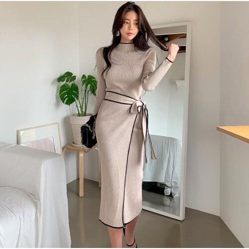 Autumn Winter Elegant OL Lace Up Elastic Knit Pullover Sweater Long Dress Apricot Sheath Pencil Knitted Dresses