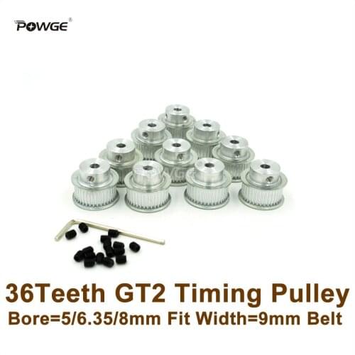 POWGE 10pcs 36 Teeth 2GT Timing Pulley Bore 5/6.35/8mm Fit Width 9mm 2GT Timing Belt 2GT-9 36T 36Teeth GT2 Pulley For 3D Printer