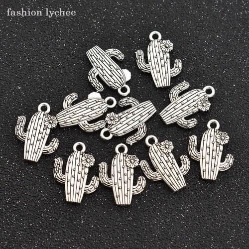 Fashion lychee 10pcs Cute Cactus Plant Tibetan Silver Color Metal Beads Flower Pendant DIY Jewelry Making Accessories