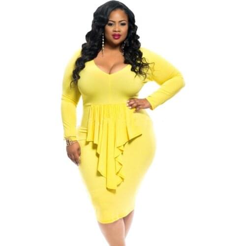 2016 Plus Size Women Tassels Dresses autumn Sexy Bodycon Long sleeve Dress XXXL yellow V-neck Party dress
