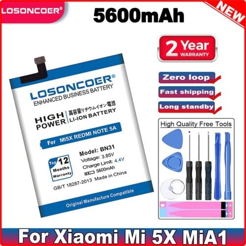 LOSONCOER 5300mAh BN31 Battery for Xiaomi Mi 5X Mi5X / Redmi Note 5A 5A pro Batteries for For Xiaomi Mi A1 / Redmi Y1 Lite