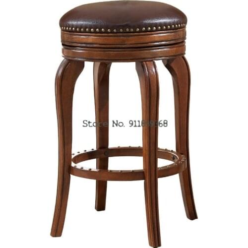 American Solid Wood Bar Stool Bar Bench Bar Chair Household European Stool High Stool Leisure Simple Solid Wood Round Stool