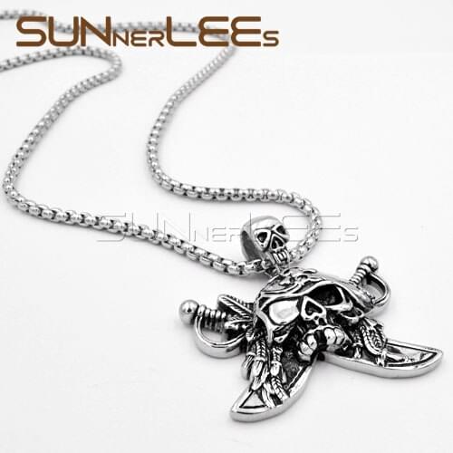 SUNNERLEES 316L Stainless Steel Pendant Necklace Punk Pirates Captain Skull Link Chain Men Women Jewelry Gift SP02