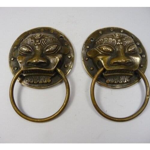 Decorated old handwork chinese copper carved lion 1 pair Doorknob statue decoration brass factory outlets