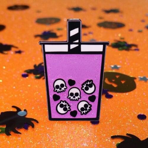 Spooky Skull Bubble Milk Tea Cup Brooch Pins Enamel Metal Badges Lapel Pin Brooches Jackets Jeans Fashion Jewelry Accessories