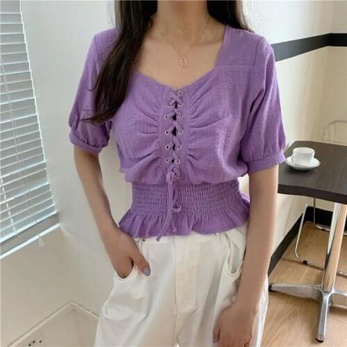Summer Purple Graphic T Shirts for Women Sexy Bandage Lace-up Crop Tops Plus Size Kawaii Clothes Pink Blue Yellow White Blouses
