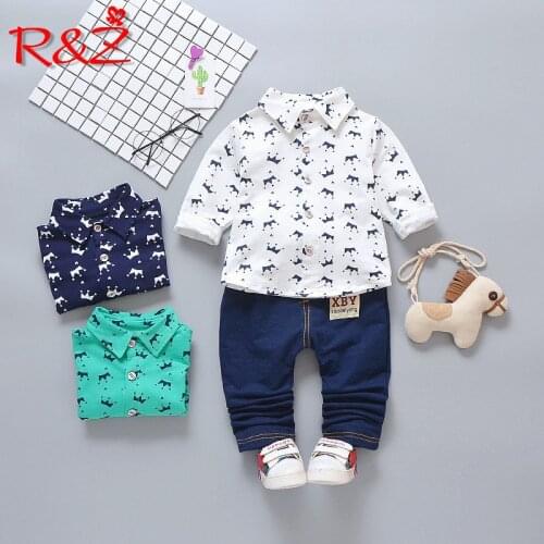 R&Z Boys Set 2019 Spring and Autumn New Childrens Wear Boys Gentleman Set Print Crown Shirt Jeans Two-piece Set