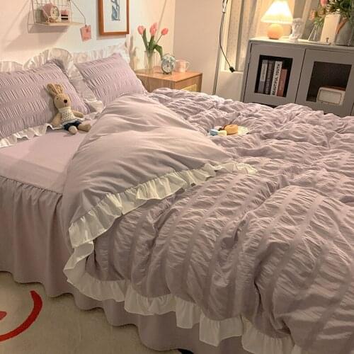 Four-Piece Queen king Size Comforter Bedding Sets Bed Pink Cover Girls Bed Skirt Lace Bedroom White Pillowcase Set 4pcs