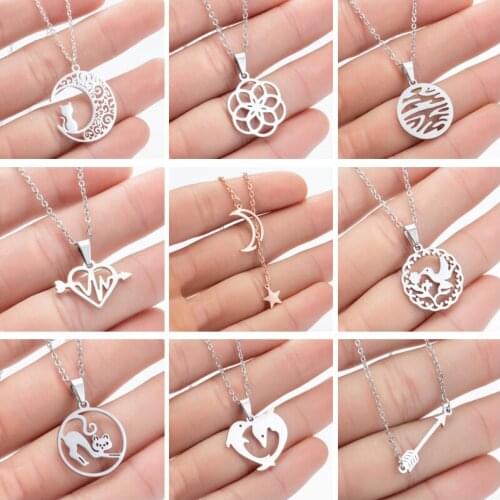 Cat Moon Arrow Bird Dolphin Flower Stainless Steel Necklace for Women Necklaces Choker Jewelry
