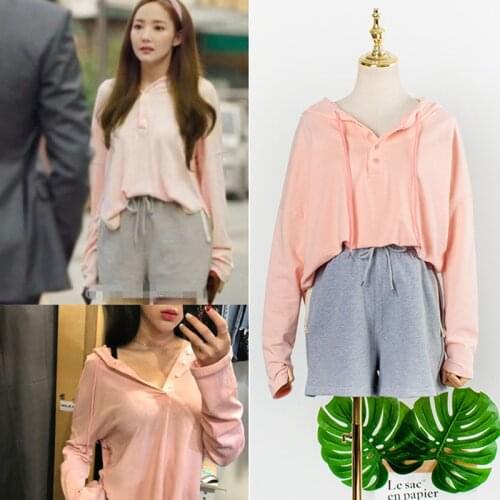 KPOP IU Seo Yea Ji summer new Pink loose thin hooded sweatshirts and gray casual drawstring lace-up shorts women two piece set