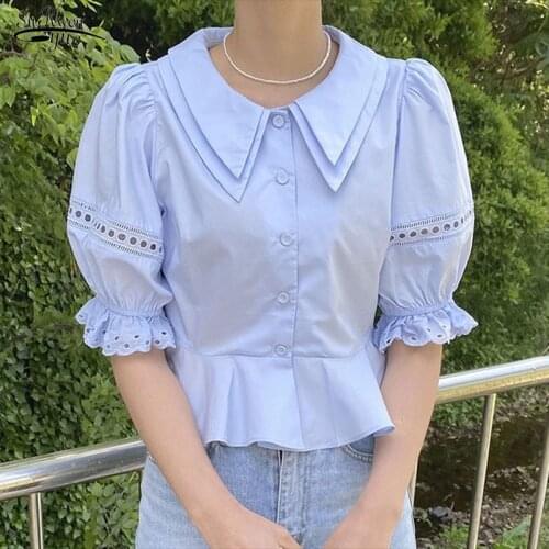 Summer Turn-down Collar Elegant Woman Shirt Chic Hollow Out Short Sleeve Women Blouses Vintage Fashion Lace Tops Clothing 14858