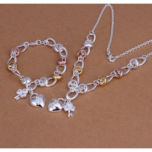Sets sterling-silver-jewelry Sets Silver Trendy Jewelry Sets Heart Locks & Flower Keys Jewelry Wholesale aoqi LS010