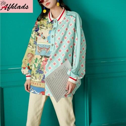 New Autumn Long Sleeved Designer Womens Clothing Loose Stitching Printed Shirt Female Turn-Down Collar Fashion Casual Blouse