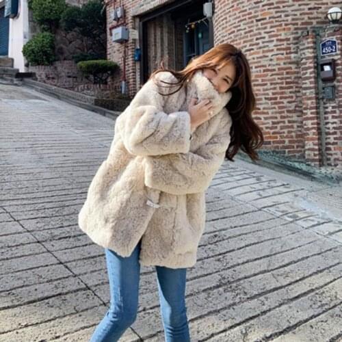 Lamb Womens New 2021 Autumn Winter Thickened Loose Medium Long Imitation Rabbit Fur Coat Fashion Pockets Casaco Feminino Inverno