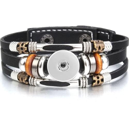 New Black beads Leather Snap Bracelets 18mm DIY Leather Snap Button Bracelet Adjustable Interchangeable Snap Jewelry