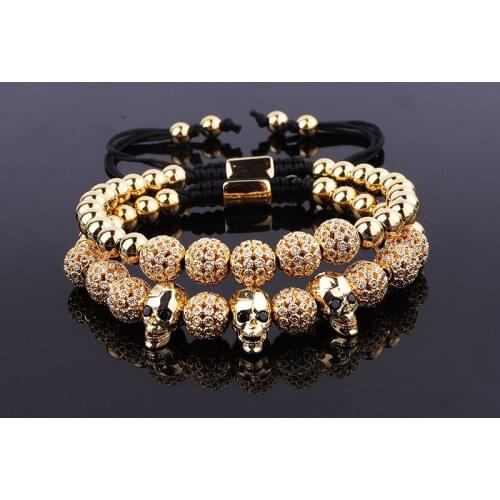 New Design Luxury Men Skull Bracelet Jewelry Gold Plated CZ Pave Ball Charm Beaded Macrame Couple Bracelet Set
