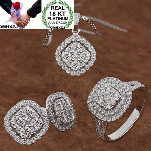 OMHXZJ Wholesale European Fashion Woman Girl Party Wedding Gift Square Zircon 18KT Stud Earrings+Ring+Necklace Jewelry Set JE17